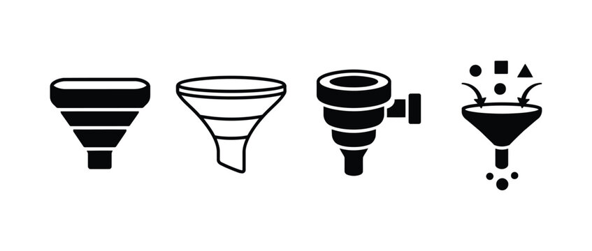 Four variations of funnel icons for data filtering and process management with funnel icon data filter vector set business process black white business management collection