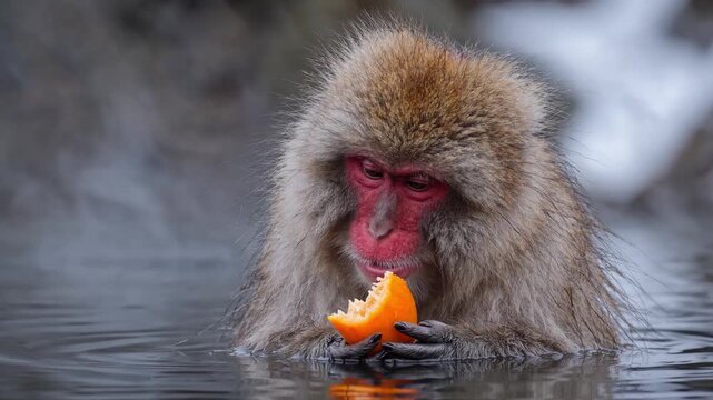 Japanese macaque snow monkey eating an orange in a steaming hot spring. Close up portrait of a wild primate bathing in warm water during winter