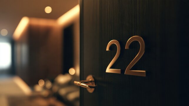 The warm lighting highlights the polished brass numbers on the dark wood door of hotel suite number 22 in a corridor.