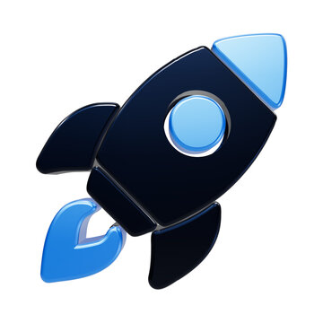 A3d rendered of a dark navy blue rocket ship taking off, featuring light blue accents on the nose cone, window, and exhaust flames, isolated on a black background