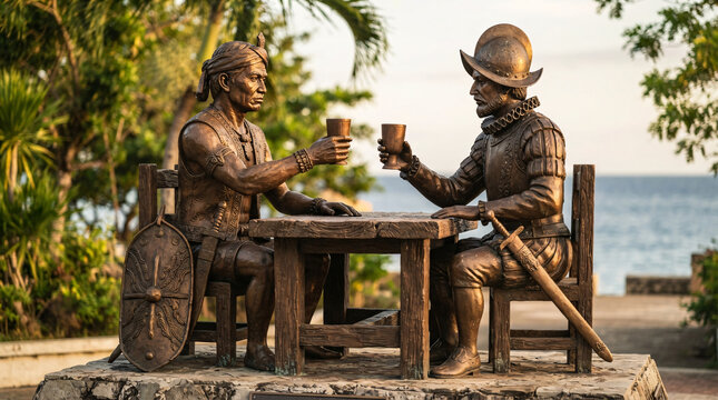 Bronze historical sculpture depicting an indigenous Filipino leader and a Spanish colonial-era explorer 