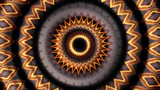 Fiery glowing abstract kaleidoscope pattern with radiating orange light mandala fire geometric symmetry background