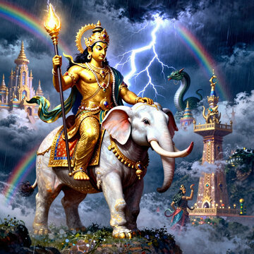 Indra, the Vedic Hindu king of the Devas and lord of Svarga, god of sky, lightning, thunder, storms, rain, rivers, and war