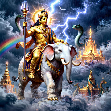 Indra, the Hindu king of the Devas and lord of Svarga, god of sky, lightning, thunder, storms, rain, rivers, and war