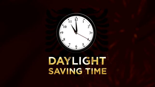A clock icon featuring the Albania national flag symbol representing daylight saving time concept on a glowing background