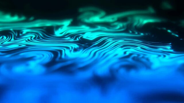Abstract blue and cyan swirling liquid-like lines flow and undulate over a dark background. Futuristic backdrop inspired by fluid dynamics and abstract motion.