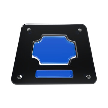 A3d square control panel with a black glossy frame and a blue central button, isolated on a white background, featuring four corner holes and a sleek finish