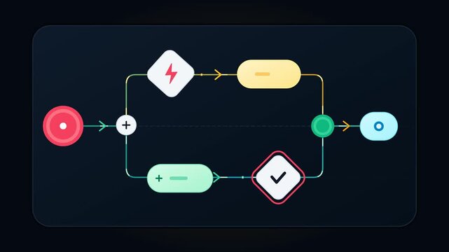 True-centered kinetic branching pipeline flowchart on a 4K 16:9 canvas, featuring a central input nexus, dual parallel analytical tracks, synchronous decision diamonds and dynamic merging collector