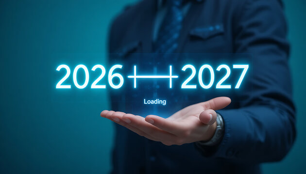 Person in dark blue suit holding one hand open beneath glowing text showing 2026 arrow to 2027 with loading word displayed on blue gradient background 2027 new year picture 