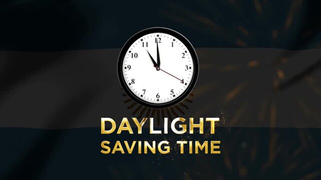 A clock showing the time with golden daylight saving time typography on a decorative abstract background