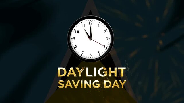 A round wall clock showing nearly twelve oclock with elegant gold daylight saving day typography