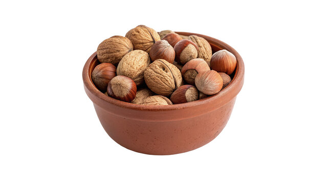 Terracotta ceramic bowl filled with raw organic hazelnuts isolated on transparent background