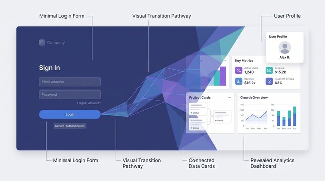 Login Page to Analytics Dashboard Transition UI UX Design Template Vector Illustration