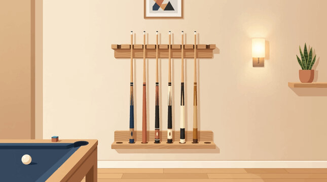 Pool cues hanging on rack in cozy billiards room