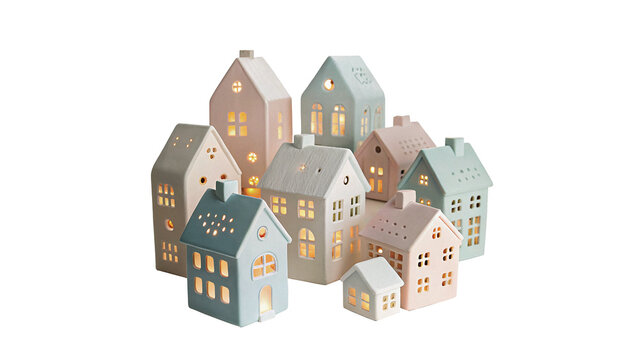 Group of colorful wooden toy house figurines isolated on transparent background