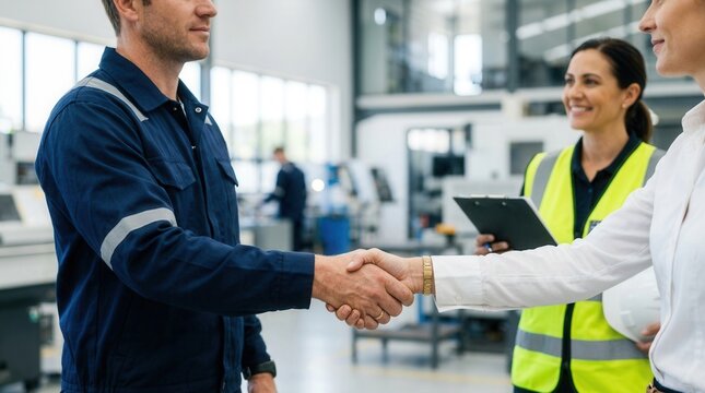 Workplace compliance concept showing an engineer shaking hands with a client.