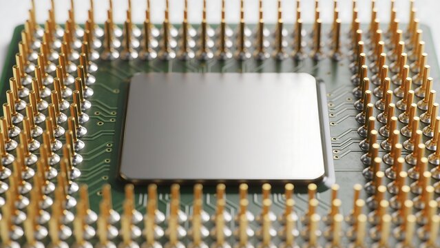 Microprocessor chip with golden pins mounted on a green circuit board close up