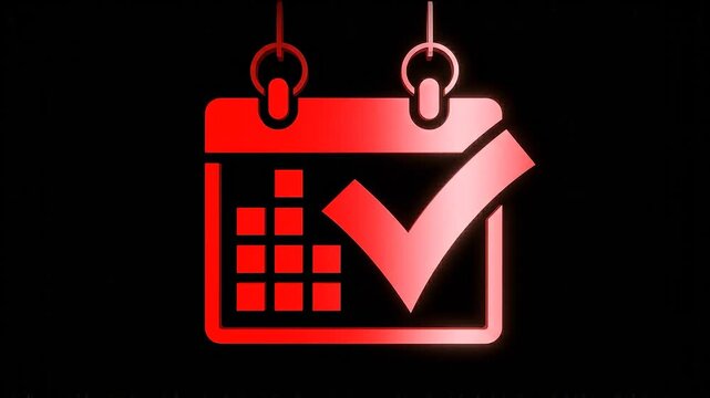 Red calendar icon with check mark hanging on hooks against black background
