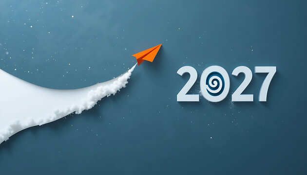 Large white number 2027 displayed beside orange paper airplane flying upward with white trail on blue sky background containing spiral zero new year 2027 celebrate 2027 new year