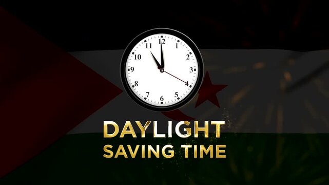 Analog wall clock showing daylight saving time on a background with particles