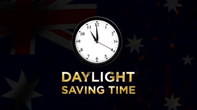 Analog wall clock showing eleven o clock with golden daylight saving time text and australian flag background