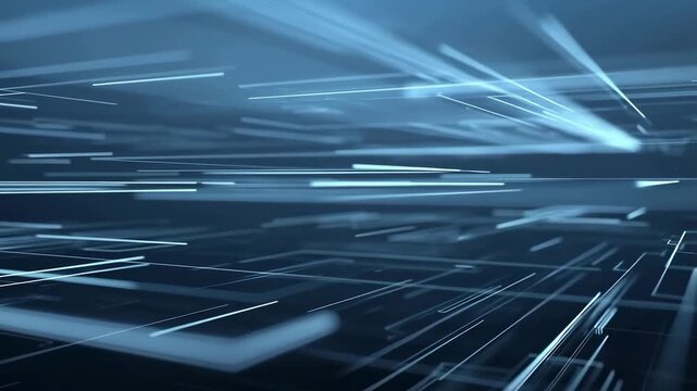 Glowing blue lines and rectangular grids rapidly move forward and extend in a dark digital space. Futuristic backdrop inspired by speed and data flow.