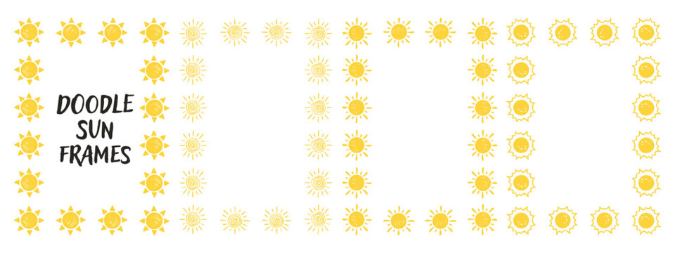 Doodle sun frame collection. Playful kindergarten borders for kids designs.