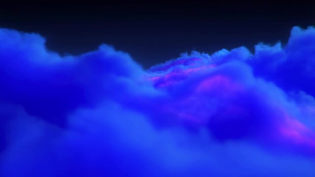 Flowing and pulsing blue and purple glowing cloud shapes shift smoothly across a dark gradient background. Smooth animated scene for visual effects and digital art projects.