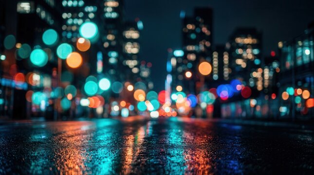 Side view of an urban cityscape at night featuring a complementary color scheme and bokeh.