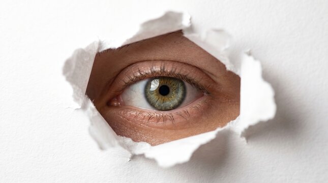 Intense green eye looking through a torn white paper hole displaying sharp focus and detailed iris textures in bright lighting