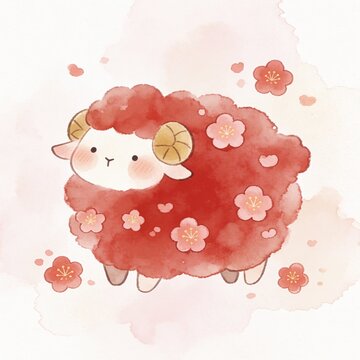 年賀 羊 花 赤 イラスト　余白あり