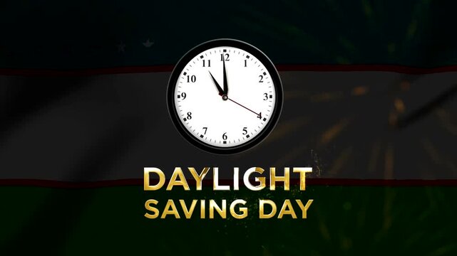 Analog wall clock with daylight saving day text over abstract sparkling background