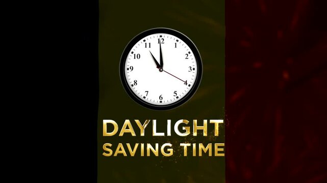 Analog wall clock showing time with glowing gold daylight saving time text