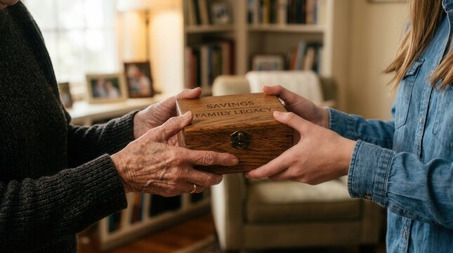 Family legacy and inheritance planning concept with a wooden savings box being handed down.