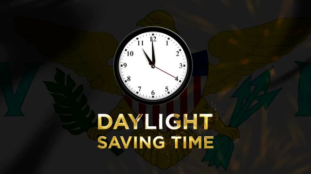 Clock face indicating daylight saving time change with golden text overlay on american background