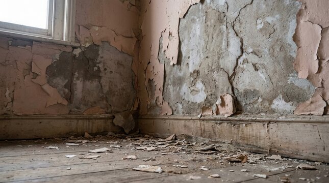 Signs of rising damp and peeling paint on a damaged plaster wall near wooden floors.