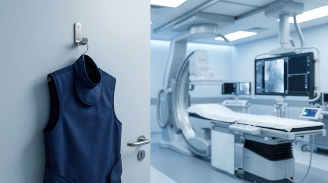 Hospital diagnostic room equipped with advanced C-arm fluoroscopy technology and radiation protective vest.