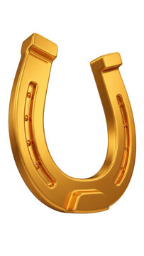 Golden horseshoe symbol of luck, shiny gold metal horse shoe on white background, lucky charm for success and wealth