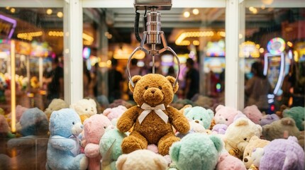 Fototapeta na wymiar Colorful interior illumination in an arcade claw machine with plush teddy bears.