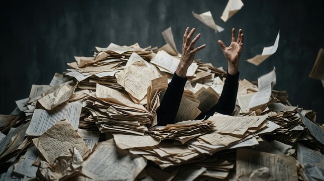 Hands reaching out for help from a huge pile of documents representing workload burnout.