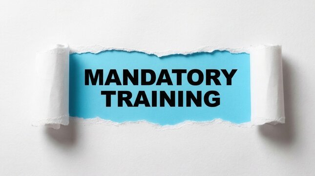 Corporate business learning and mandatory training shown on a blue background behind ripped white paper.