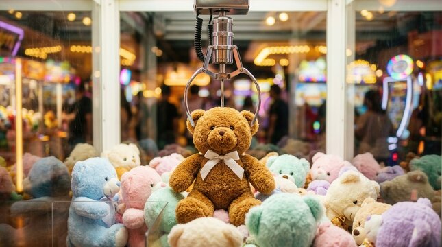 Colorful interior illumination in an arcade claw machine with plush teddy bears.