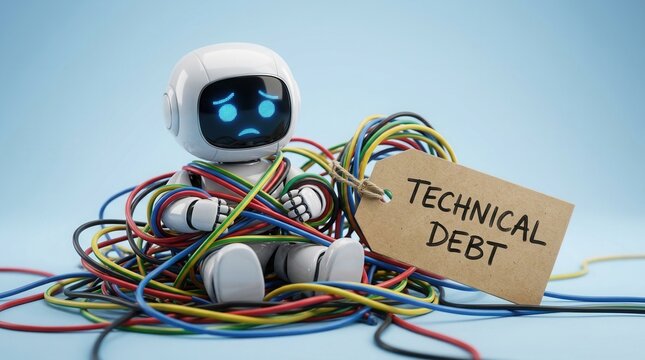 Concept of technical debt shown by a tiny robot trapped in a mess of colorful wires and cables.