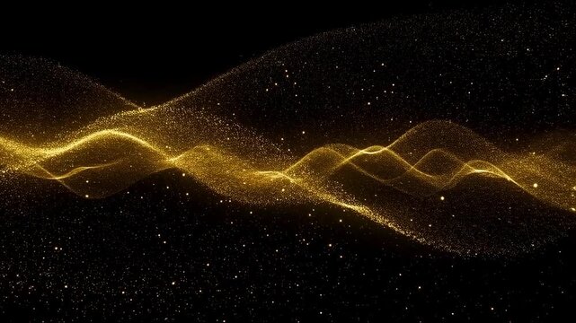 Golden particles flow and undulate in smooth wave-like formations on a black background. Particles pulse and sparkle with glowing diffusion effects in a digital space environment.