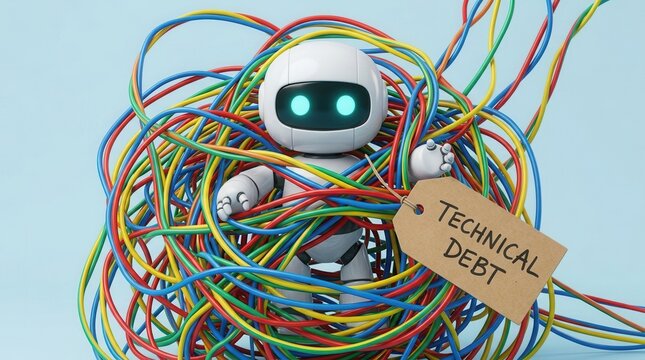 A cute white robot stuck amidst tangled colorful wires and a paper tag labeled technical debt.