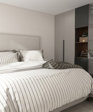 Luxury, modern white bedroom with built in gray wardrobe, bed with headboard, striped blanket on carpet floor in sunlight from window. Interior design decoration, architecture, product background 3D