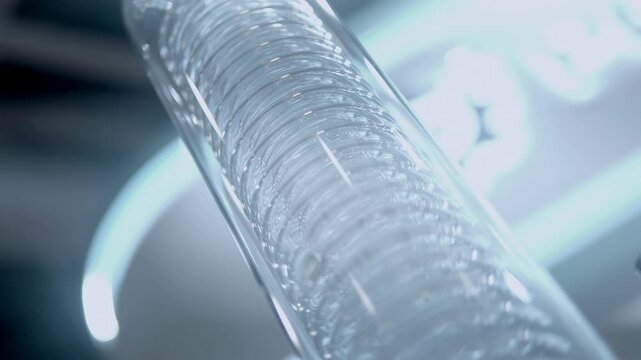 A chemical reactor with a glass coils for the necessary chemical reactions. Closeup. Shot in motion. Follow focus