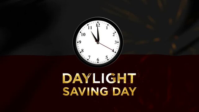 Daylight saving day celebration concept with an analog wall clock and glowing golden text design