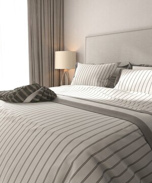 Luxury, modern white bedroom with brown, gray striped blanket and pillow in sunlight from white sheer curtain, blackout drapes window. Interior design decoration, architecture, product background 3D
