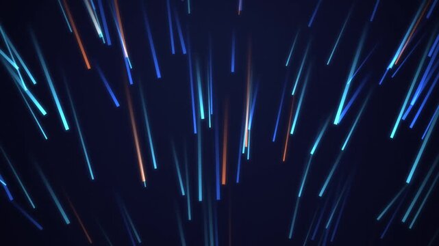 Abstract Motion Background with Glowing Blue and Orange Vertical Light Streaks and Particles Flow